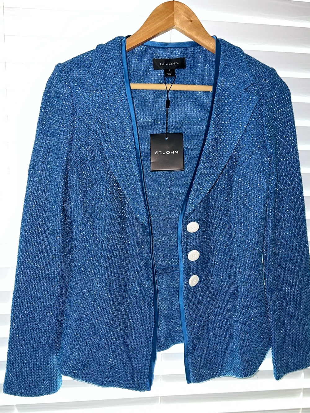 St. John Blue Knit Jacket with Satin Trim